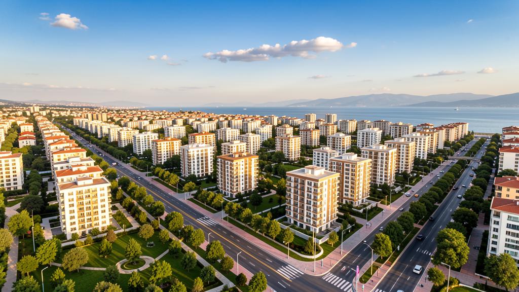 Aerial view of modern Beylikduzu district Istanbul European side, residential apartment complexes and green parks
