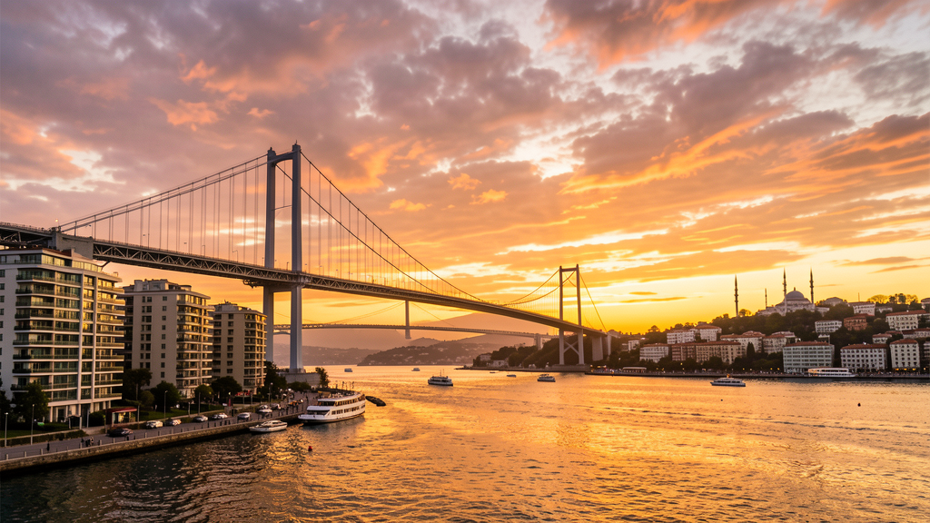 Cinematic wide-angle photograph of the Bosphorus Bridge at golden hour with historic peninsula silhouette